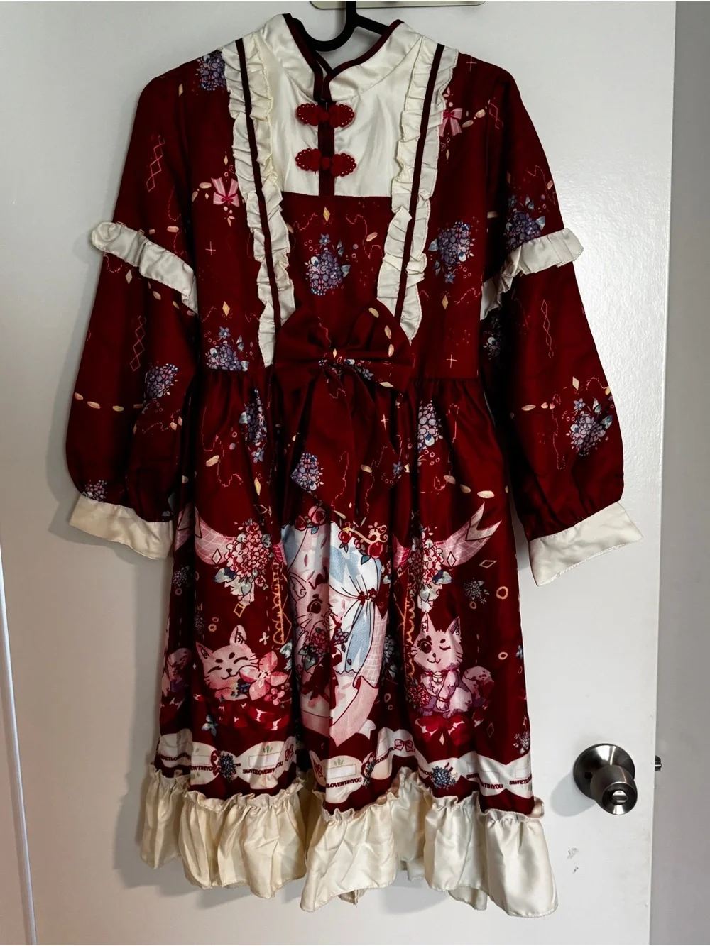 Lolita style, Girls' Red Cream Ruffle Costume Dress with Cat Print